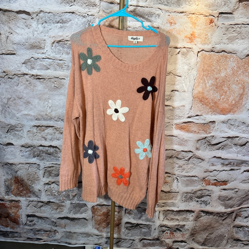 Haptics - Long Sleeve Lightweight Sweater with Flower Patches - Peach - 1X -